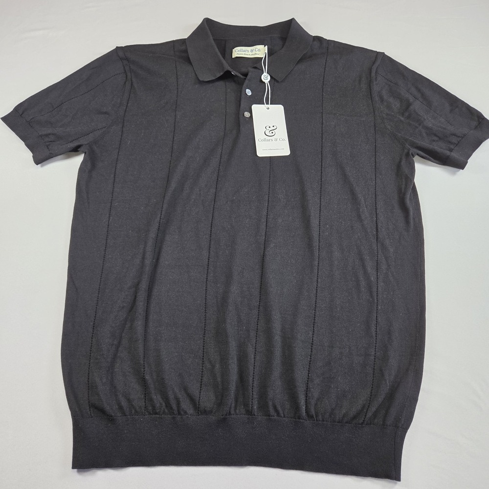 Collars And Co Silk Blend Luxury Knit Polo Shirt Mens XL Ribbed Sweater Black